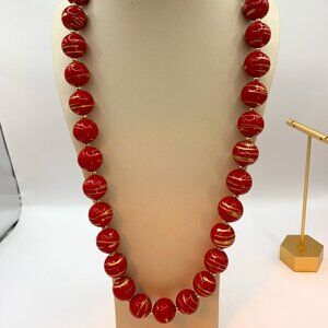 Pretty Vintage Acrylic Red Bead Necklace with Gold Accents.